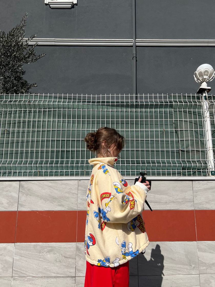 Çift Taraflı Şirinler Hoodie(Krem)