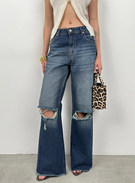 Diz lazerli wide leg jean