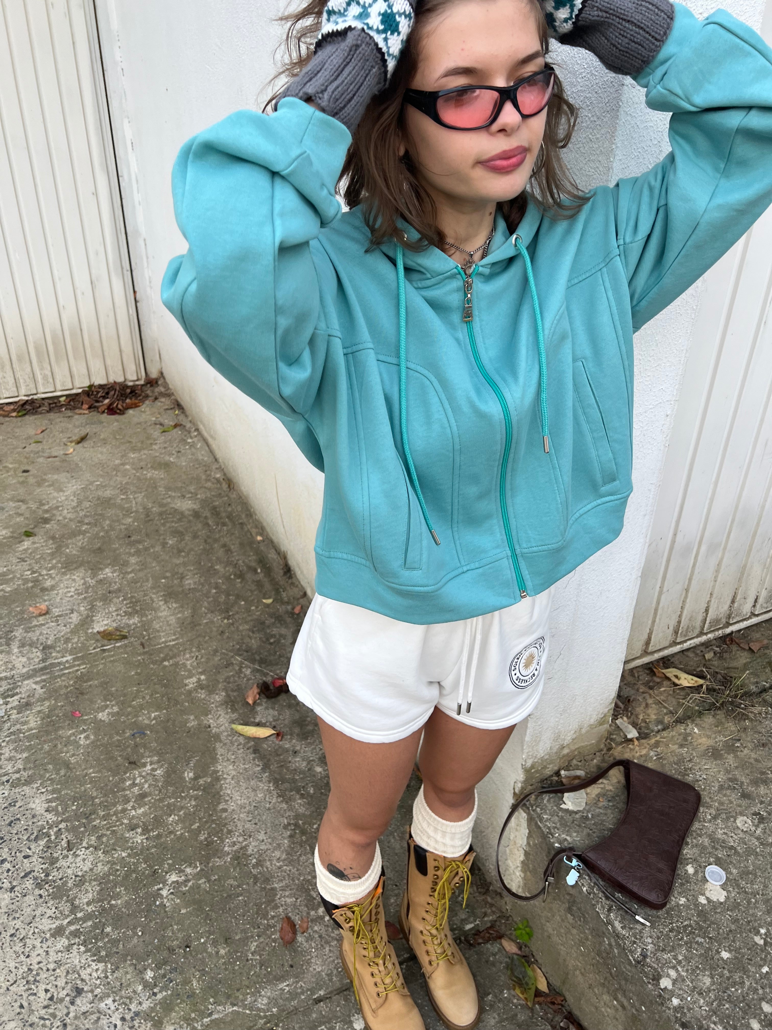 Turkuaz Şardonlu Hoodie