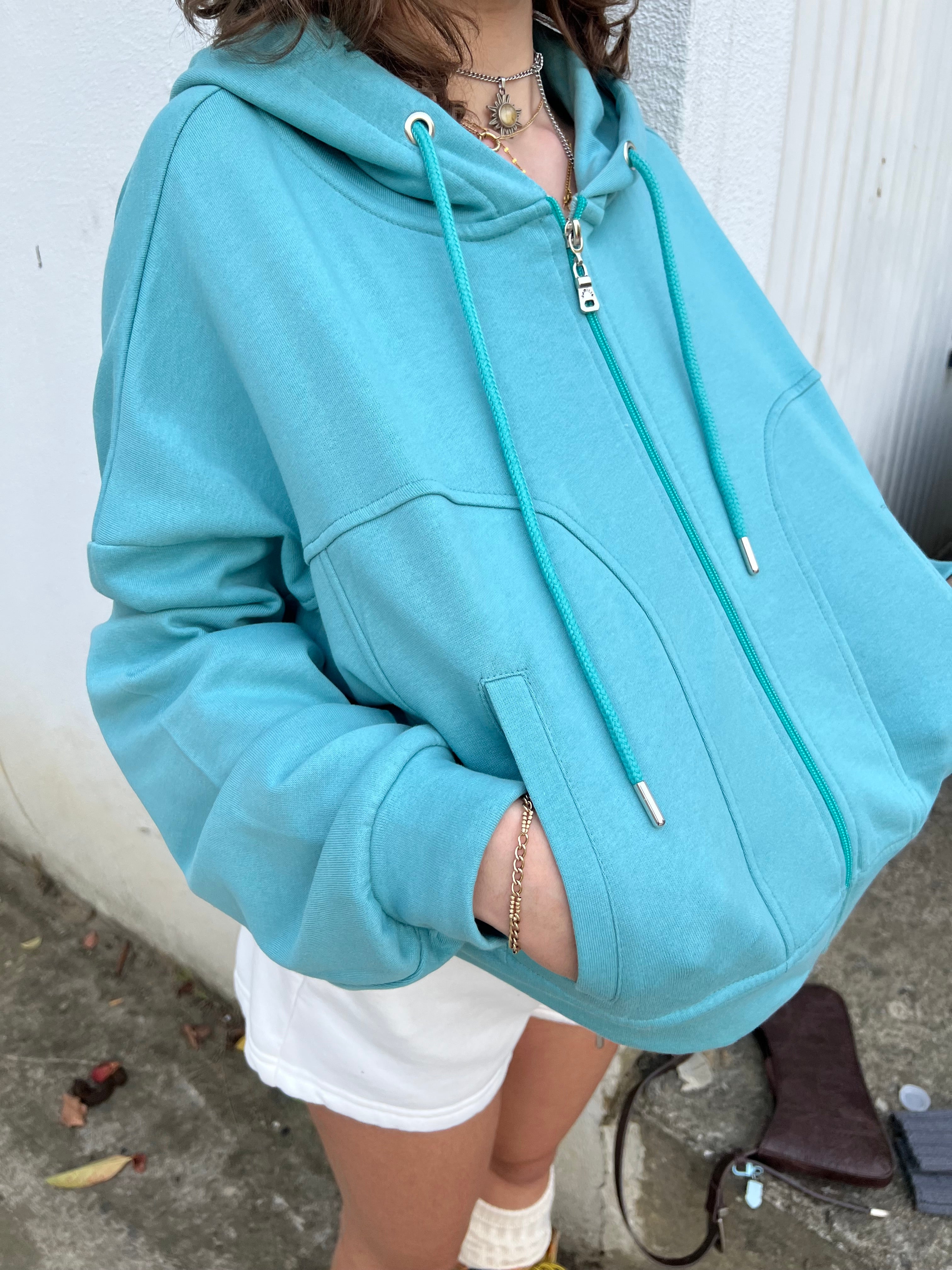 Turkuaz Şardonlu Hoodie