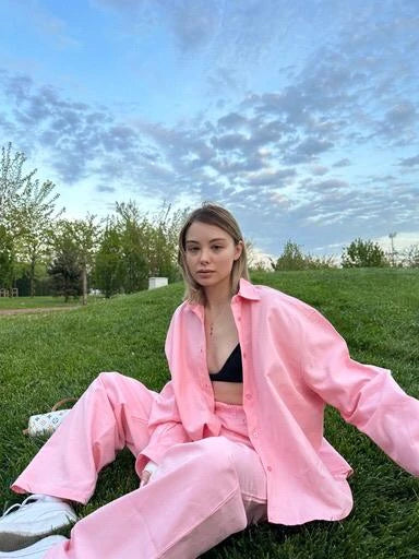 Pembe Keten Gömlek Takım