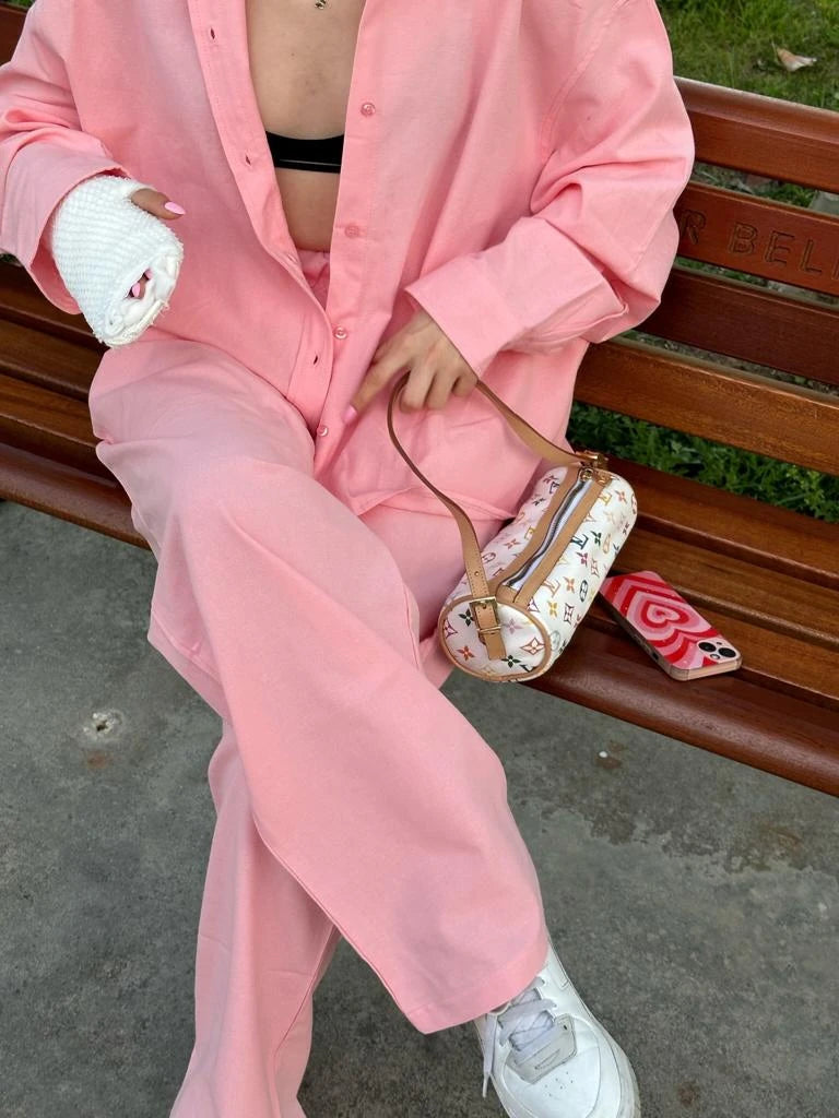 Pembe Keten Gömlek Takım