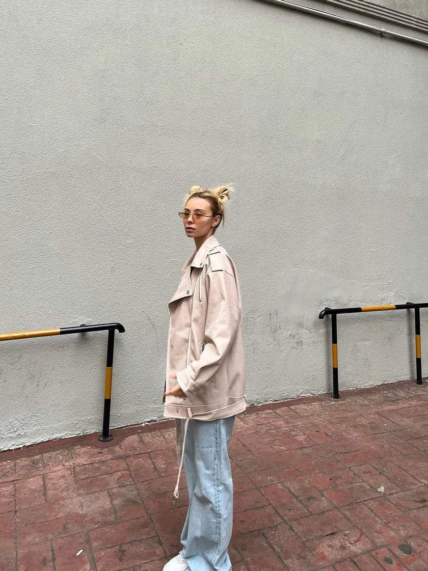 Oversize Biker Deri Ceket Krem