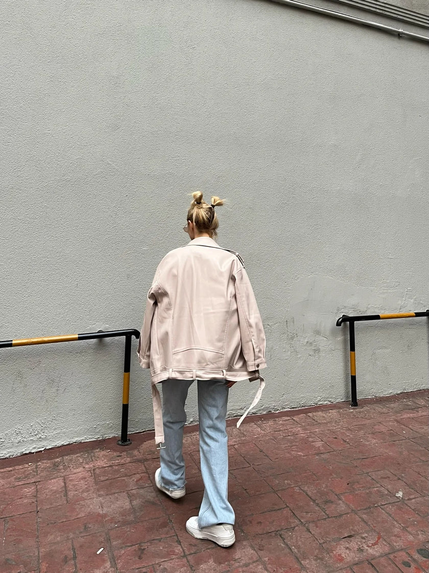 Oversize Biker Deri Ceket Krem