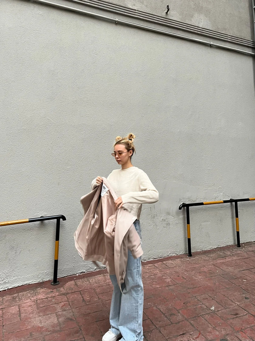 Oversize Biker Deri Ceket Krem