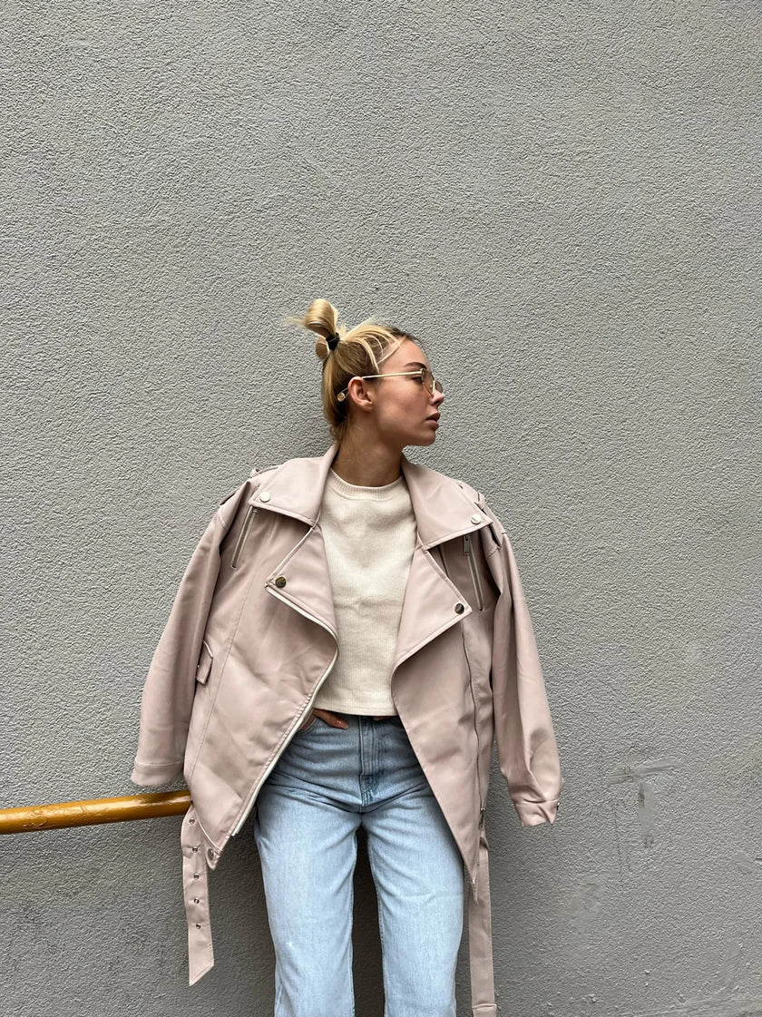Oversize Biker Deri Ceket Krem