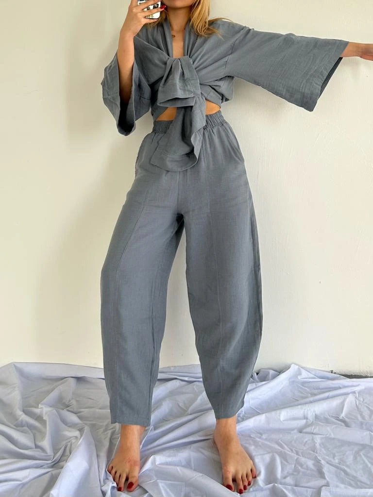 Keten Kimono Pantolon Takım (koyu Gri)