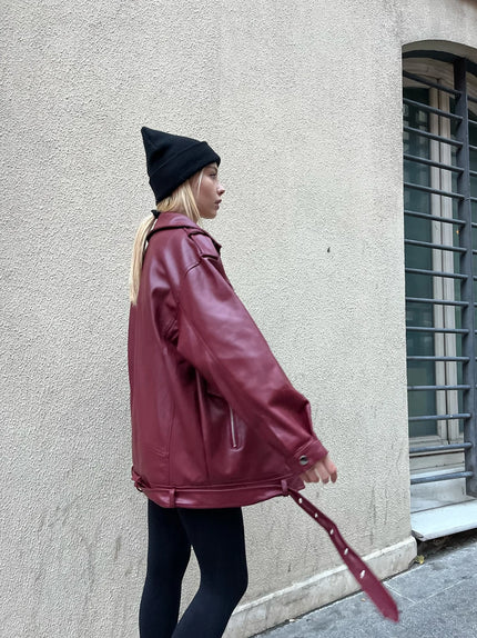 Oversize Bordo Suni Deri Ceket