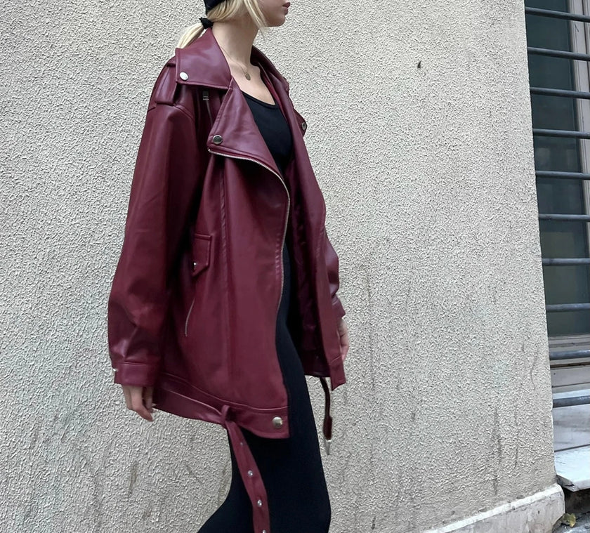 Oversize Bordo Suni Deri Ceket
