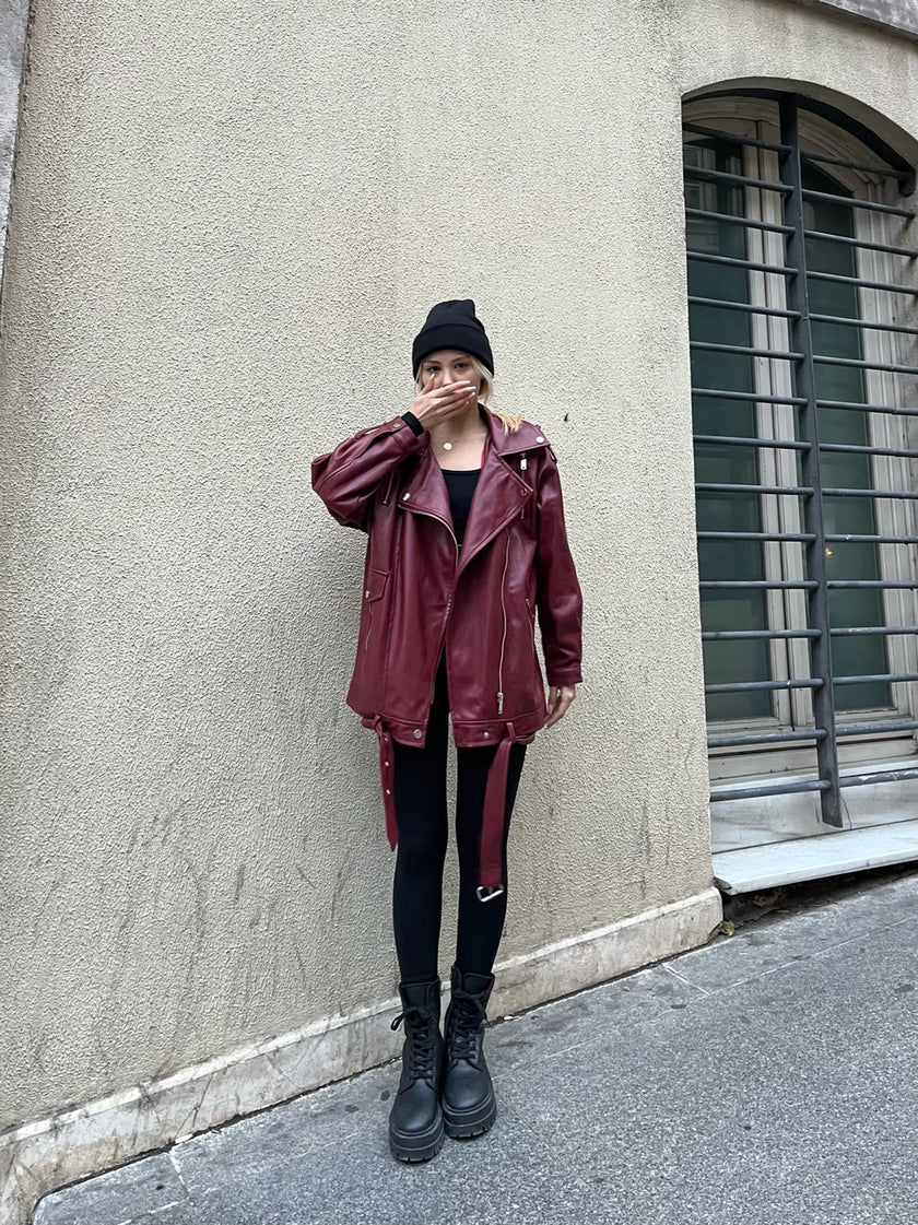 Oversize Bordo Suni Deri Ceket