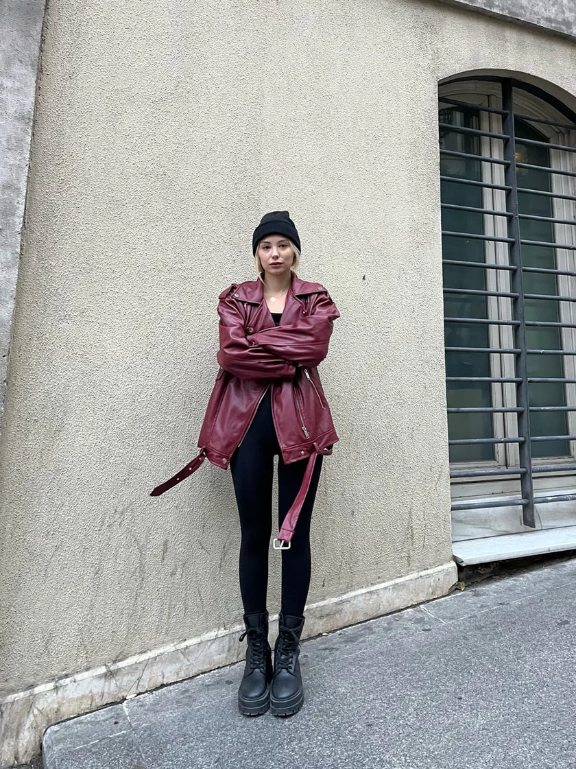 Oversize Bordo Suni Deri Ceket