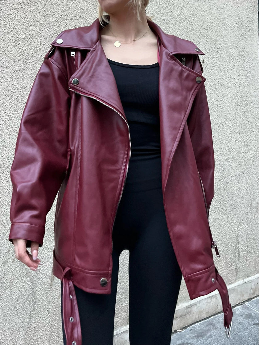 Oversize Bordo Suni Deri Ceket