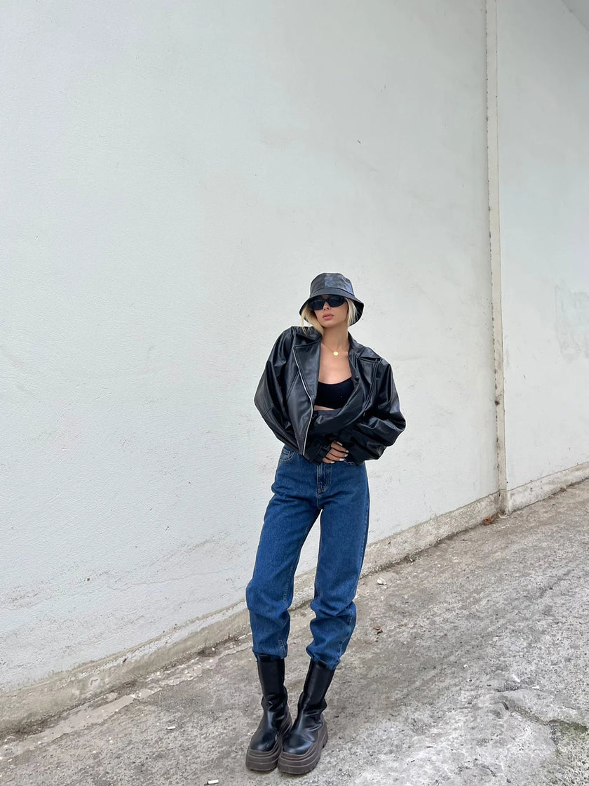 Oversize Deri Ceket (Siyah)