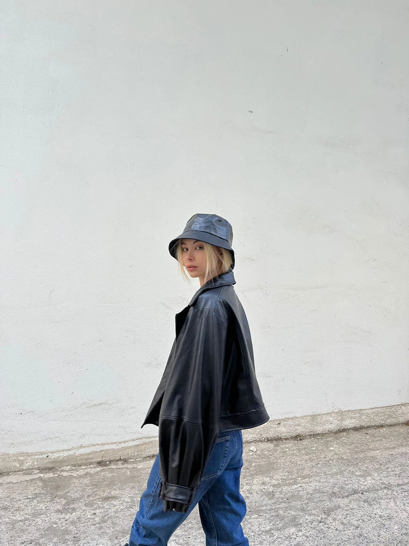 Oversize Deri Ceket (Siyah)