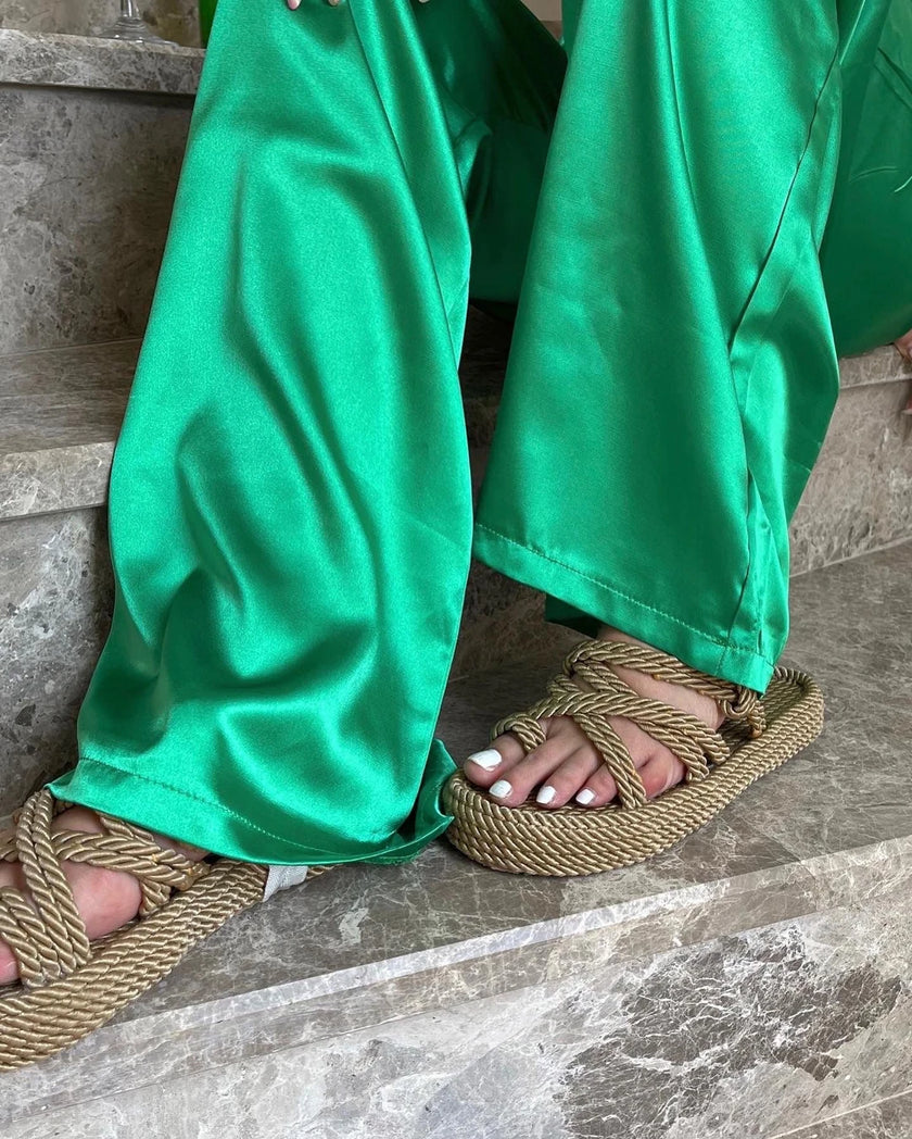 Saten Crop Pantolon Takım (Yeşil)